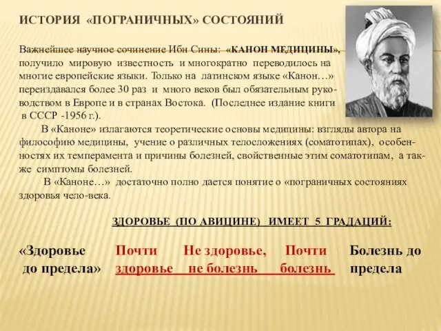 ИСТОРИЯ «ПОГРАНИЧНЫХ» СОСТОЯНИЙ Важнейшее научное сочинение Ибн Сины: «КАНОН МЕДИЦИНЫ», получило