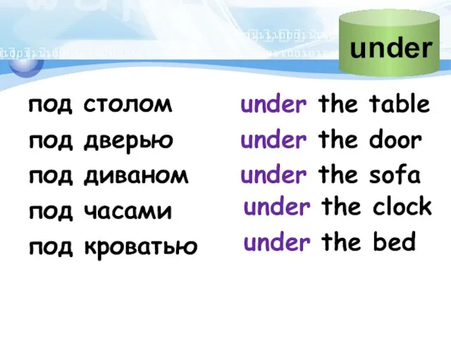 под столом under the table под дверью under the door под