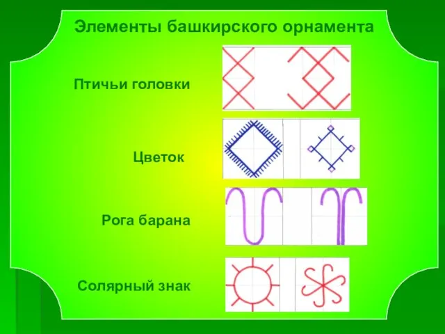 Птичьи головки Солярный знак Цветок Рога барана Элементы башкирского орнамента