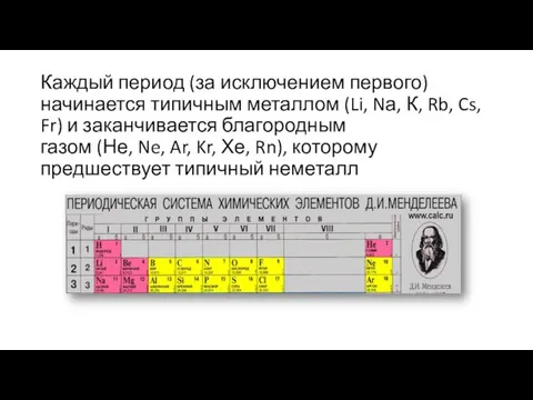 Каждый период (за исключением первого) начинается типичным металлом (Li, Nа, К,