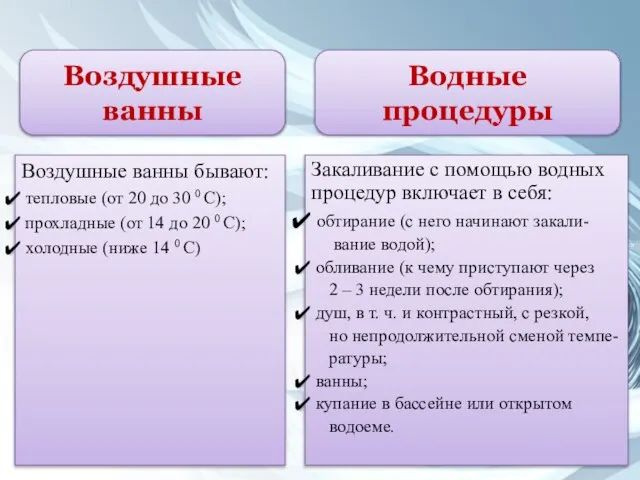 Воздушные ванны Воздушные ванны бывают: тепловые (от 20 до 30 0