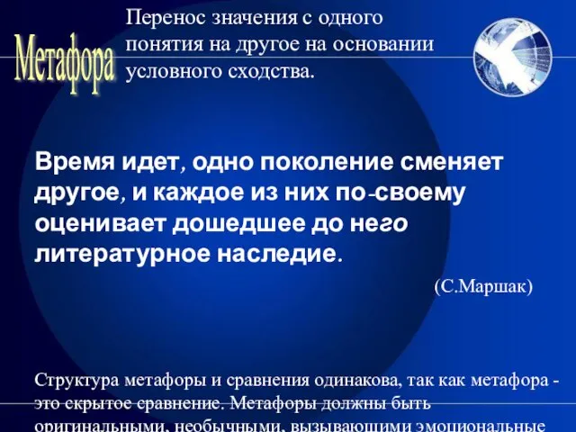 Метафора Перенос значения с одного понятия на другое на основании условного