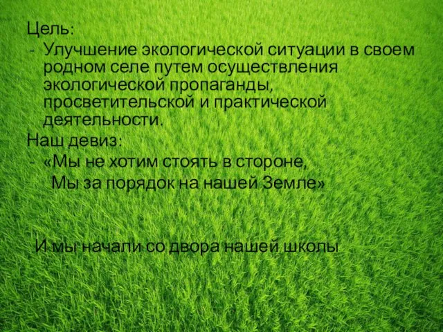 Цель: Улучшение экологической ситуации в своем родном селе путем осуществления экологической