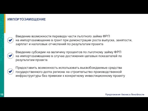 ИМПОРТОЗАМЕЩЕНИЕ Введение возможности перевода части льготного займа ФРП на импортозамещение в