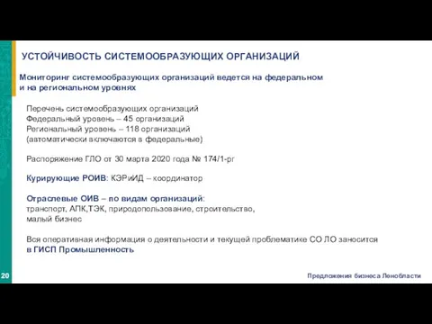 УСТОЙЧИВОСТЬ СИСТЕМООБРАЗУЮЩИХ ОРГАНИЗАЦИЙ Курирующие РОИВ: КЭРиИД – координатор Отраслевые ОИВ –