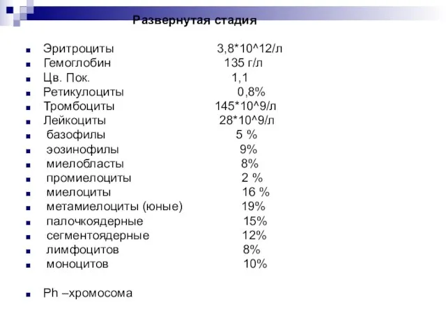 Развернутая стадия Эритроциты 3,8*10^12/л Гемоглобин 135 г/л Цв. Пок. 1,1 Ретикулоциты