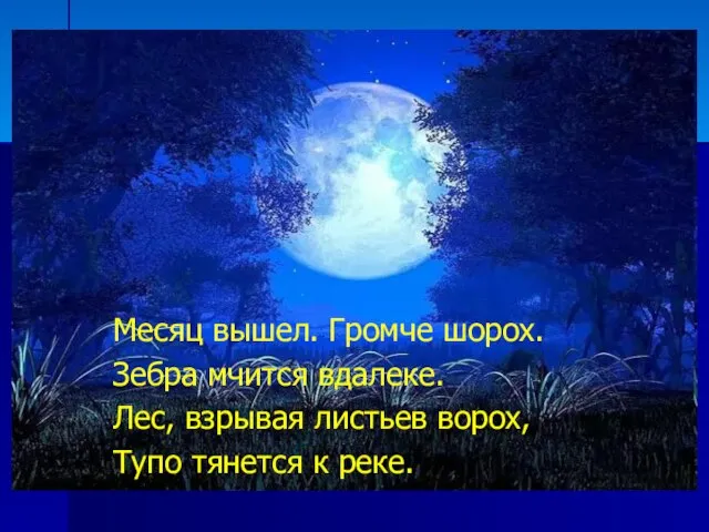 Месяц вышел. Громче шорох. Зебра мчится вдалеке. Лес, взрывая листьев ворох, Тупо тянется к реке.