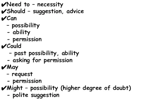 Need to – necessity Should – suggestion, advice Can – possibility