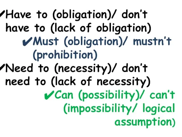 Have to (obligation)/ don’t have to (lack of obligation) Must (obligation)/