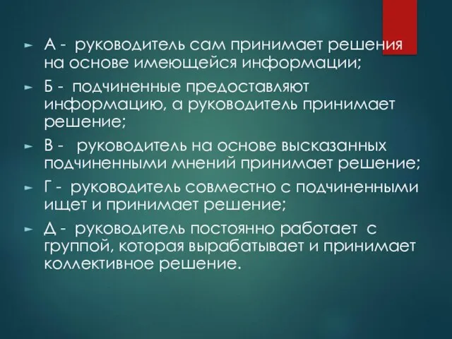 А - руководитель сам принимает решения на основе имеющейся информации; Б