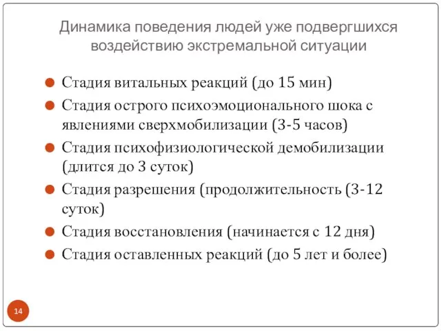 Динамика поведения людей уже подвергшихся воздействию экстремальной ситуации Стадия витальных реакций