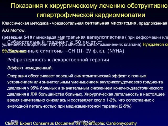 12/98 medslides.com Субаортальный градиент ≥ 50 мм.рт.ст. Выраженные симптомы –СН III-