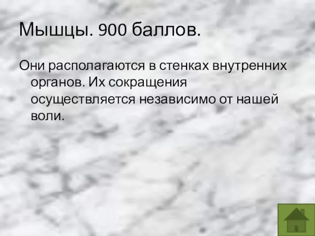 Мышцы. 900 баллов. Они располагаются в стенках внутренних органов. Их сокращения осуществляется независимо от нашей воли.