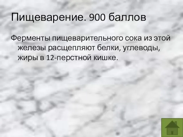 Пищеварение. 900 баллов Ферменты пищеварительного сока из этой железы расщепляют белки, углеводы, жиры в 12-перстной кишке.