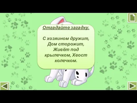 Отгадайте загадку. С хозяином дружит, Дом сторожит, Живёт под крылечком, Хвост колечком.