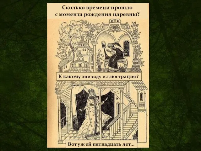 Сколько времени прошло с момента рождения царевны? Вот уж ей пятнадцать лет... К какому эпизоду иллюстрация?