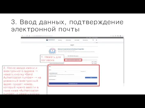 3. Ввод данных, подтверждение электронной почты 1. Нажать для согласия 2.