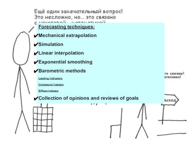 Forecasting techniques: Mechanical extrapolation Simulation Linear interpolation Exponential smoothing Barometric methods