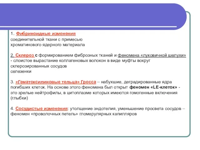 1. Фибриноидные изменения соединительной ткани с примесью хроматинового ядерного материала 2.