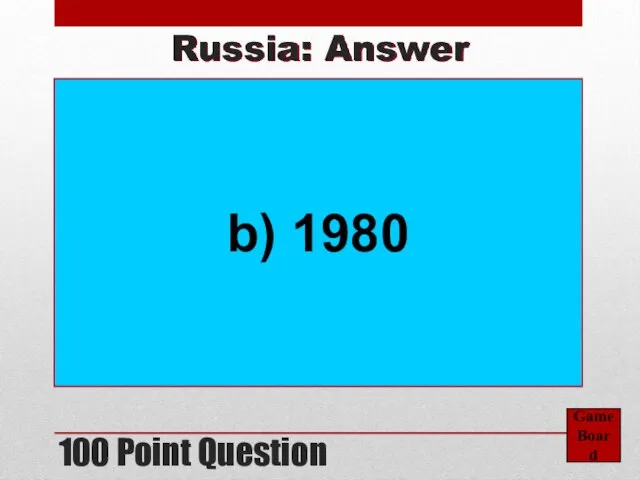 100 Point Question Game Board Russia: Answer b) 1980