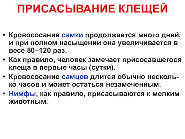 ПРИСАСЫВАНИЕ КЛЕЩЕЙ Кровососание самки продолжается много дней, и при полном насыщении