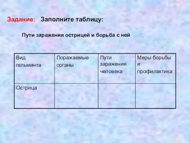 Задание: Заполните таблицу: Пути заражения острицей и борьба с ней