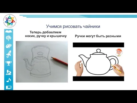 Учимся рисовать чайники Теперь добавляем носик, ручку и крышечку Ручки могут быть разными