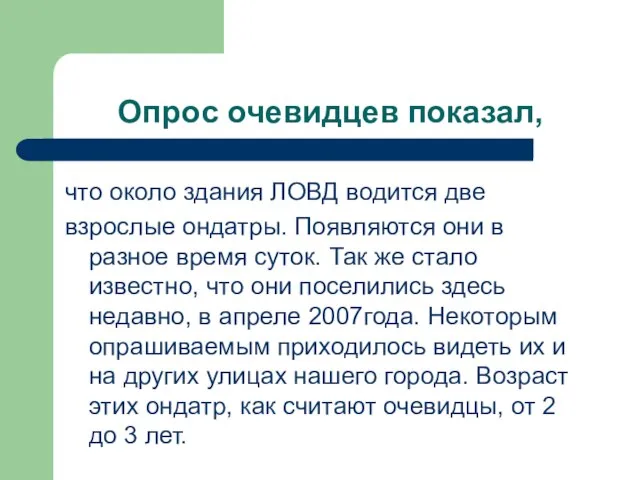 Опрос очевидцев показал, что около здания ЛОВД водится две взрослые ондатры.