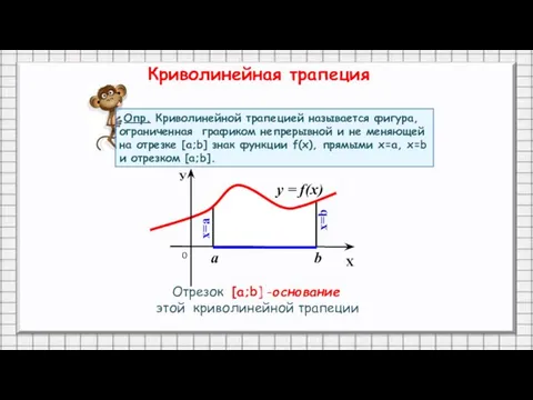 Криволинейная трапеция Отрезок [a;b] -основание этой криволинейной трапеции Опр. Криволинейной трапецией