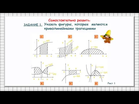 Самостоятельно решить: Лист 1 ЗАДАНИЕ 1. Указать фигуры, которые являются криволинейными трапециями