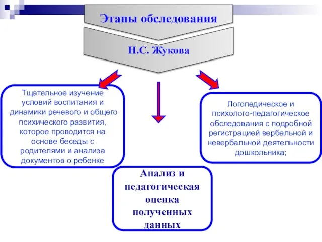 Этапы обследования Н.С. Жукова Тщательное изучение условий воспитания и динамики речевого