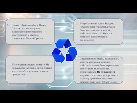 Клиент, обратившийся в Отдел Продаж, должен получить высококвалифицированную консультацию у каждого