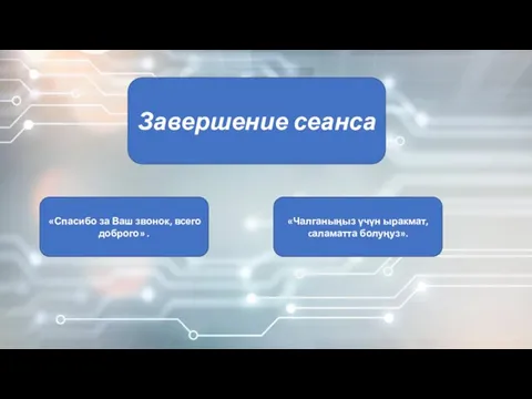 Завершение сеанса «Чалганыңыз үчүн ыракмат, cаламатта болуңуз». «Спасибо за Ваш звонок, всего доброго» .