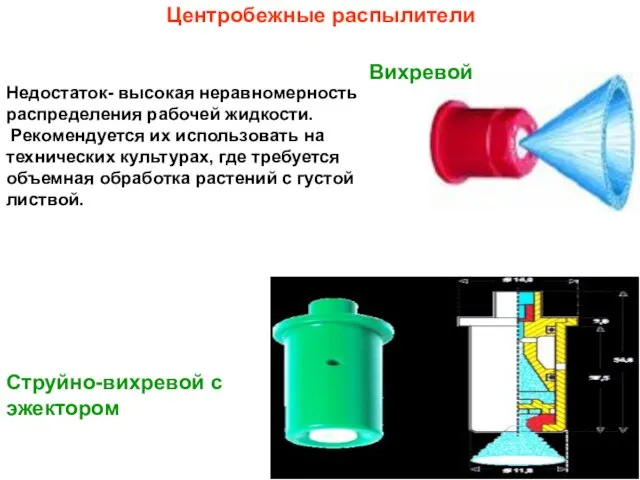 Центробежные распылители Недостаток- высокая неравномерность распределения рабочей жидкости. Рекомендуется их использовать