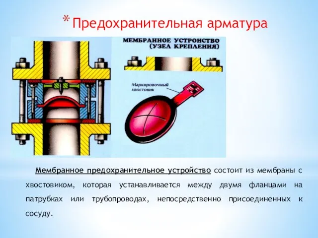 Предохранительная арматура Мембранное предохранительное устройство состоит из мембраны с хвостовиком, которая