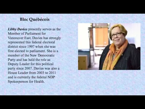 Bloc Québécois Libby Davies presently serves as the Member of Parliament