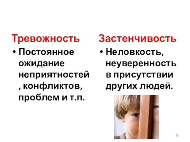 Тревожность Постоянное ожидание неприятностей, конфликтов, проблем и т.п. Застенчивость Неловкость, неуверенность в присутствии других людей.