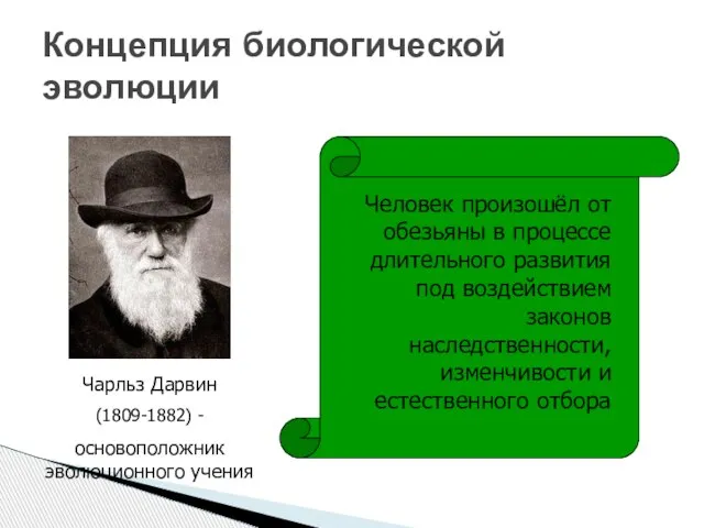 Концепция биологической эволюции Чарльз Дарвин (1809-1882) - основоположник эволюционного учения Человек