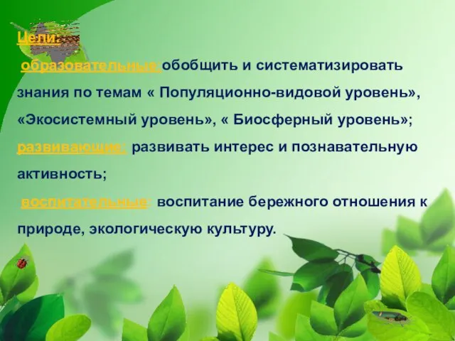 Цели: образовательные:обобщить и систематизировать знания по темам « Популяционно-видовой уровень», «Экосистемный