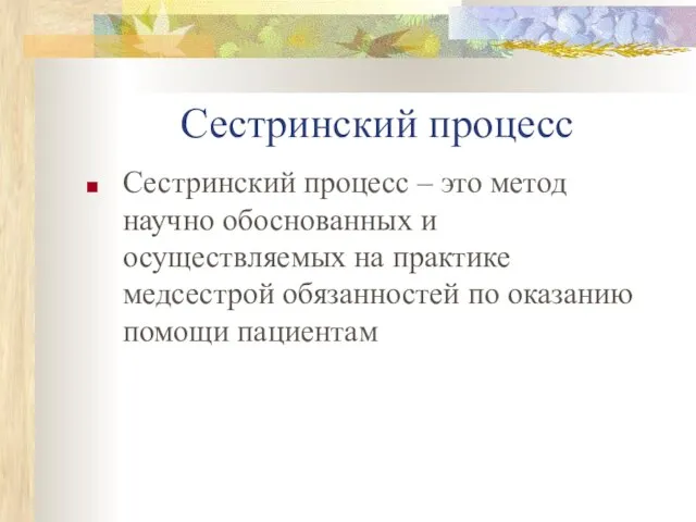 Сестринский процесс Сестринский процесс – это метод научно обоснованных и осуществляемых