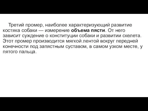 Третий промер, наиболее характеризующий развитие костяка собаки — измерение объема пясти.