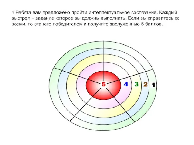 1 Ребята вам предложено пройти интеллектуальное состязание. Каждый выстрел – задание