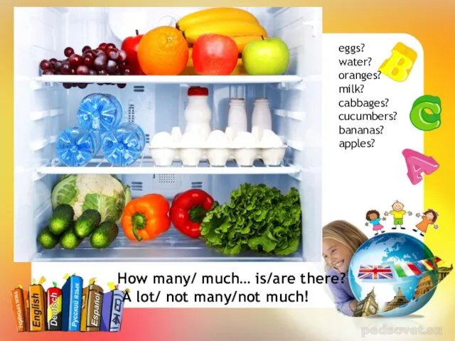 eggs? water? oranges? milk? cabbages? cucumbers? bananas? apples? How many/ much…