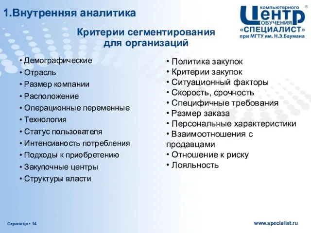 Критерии сегментирования для организаций • Демографические • Отрасль • Размер компании