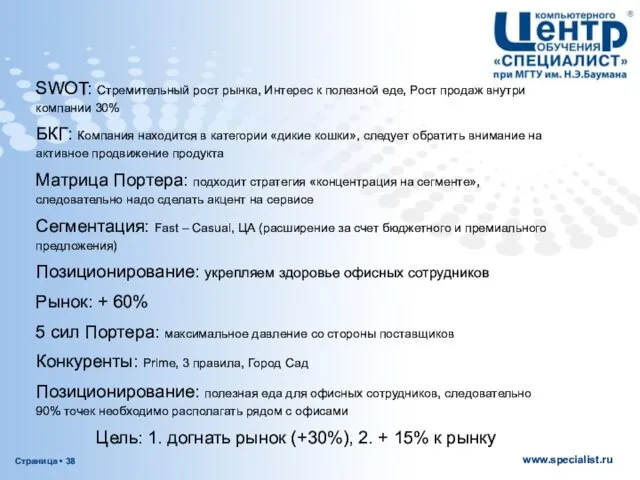 SWOT: Стремительный рост рынка, Интерес к полезной еде, Рост продаж внутри