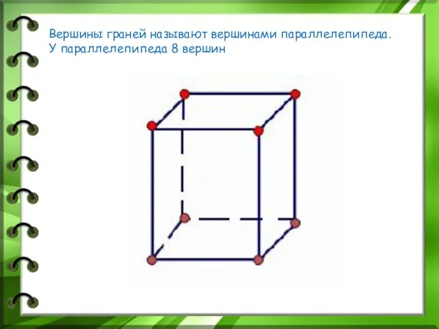 Вершины граней называют вершинами параллелепипеда. У параллелепипеда 8 вершин