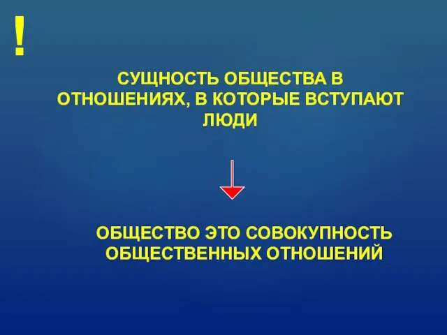 СУЩНОСТЬ ОБЩЕСТВА В ОТНОШЕНИЯХ, В КОТОРЫЕ ВСТУПАЮТ ЛЮДИ ОБЩЕСТВО ЭТО СОВОКУПНОСТЬ ОБЩЕСТВЕННЫХ ОТНОШЕНИЙ !