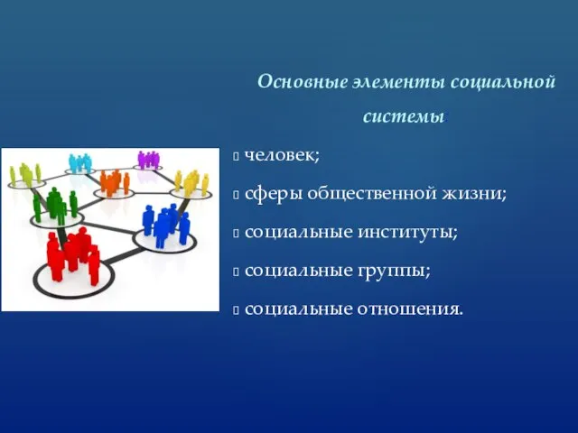 Основные элементы социальной системы: человек; сферы общественной жизни; социальные институты; социальные группы; социальные отношения.