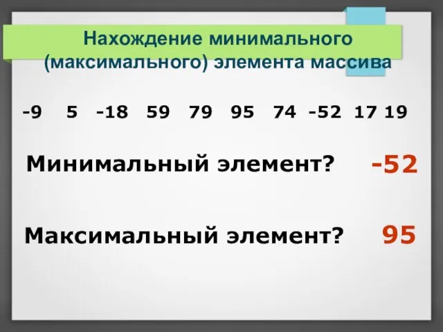 Нахождение минимального (максимального) элемента массива -52 Максимальный элемент? -9 5 -18