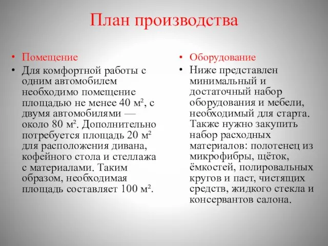 План производства Помещение Для комфортной работы с одним автомобилем необходимо помещение